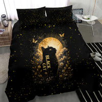 Black Cat Celestial Moon Bedding Set Mystical Gold Floral Night Sky