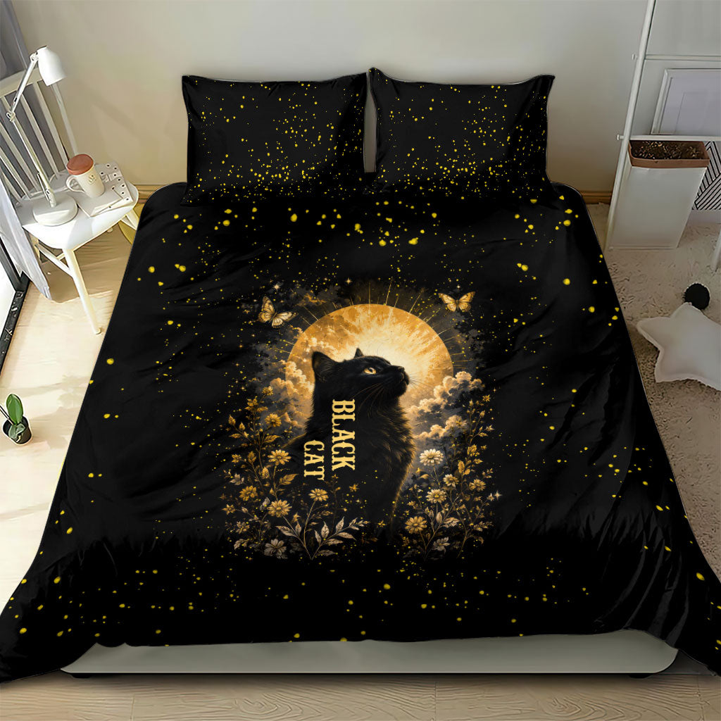 Black Cat Celestial Moon Bedding Set Mystical Gold Floral Night Sky