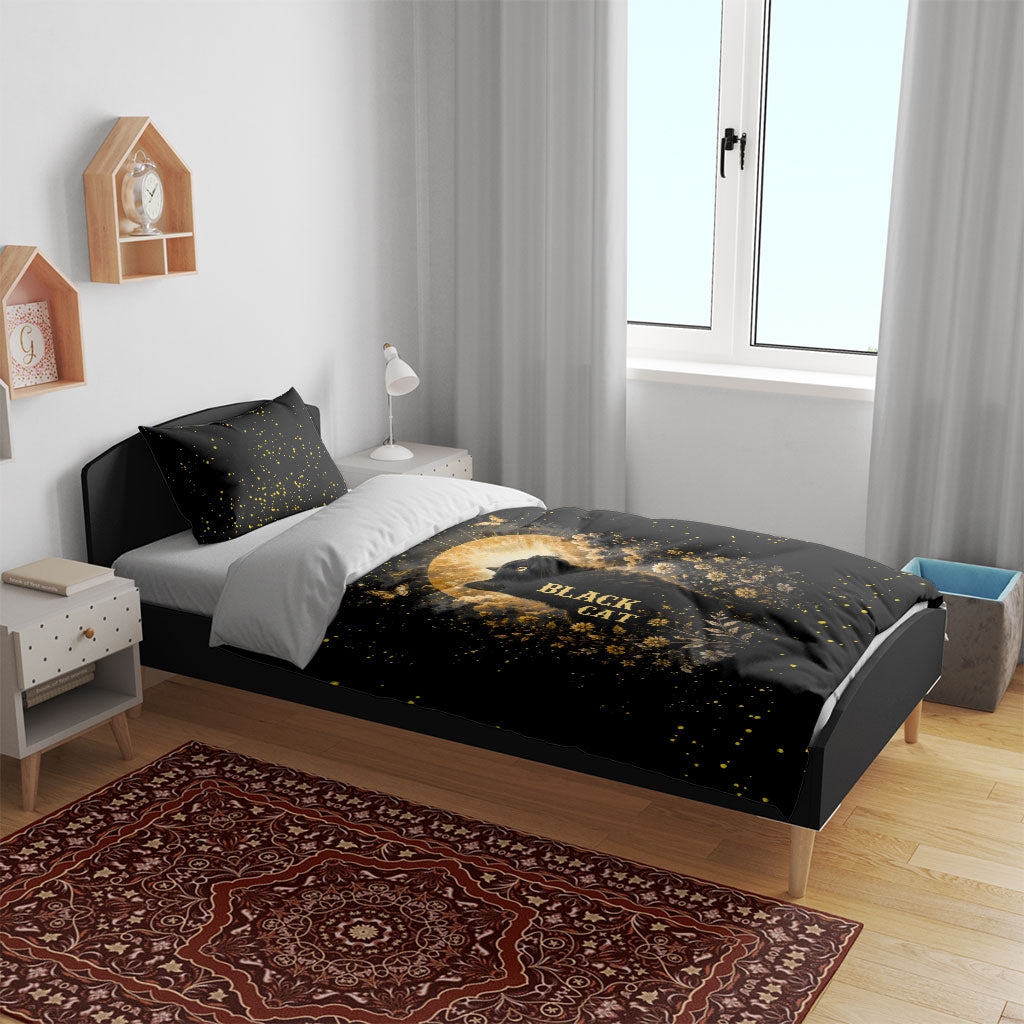 Black Cat Celestial Moon Bedding Set Mystical Gold Floral Night Sky