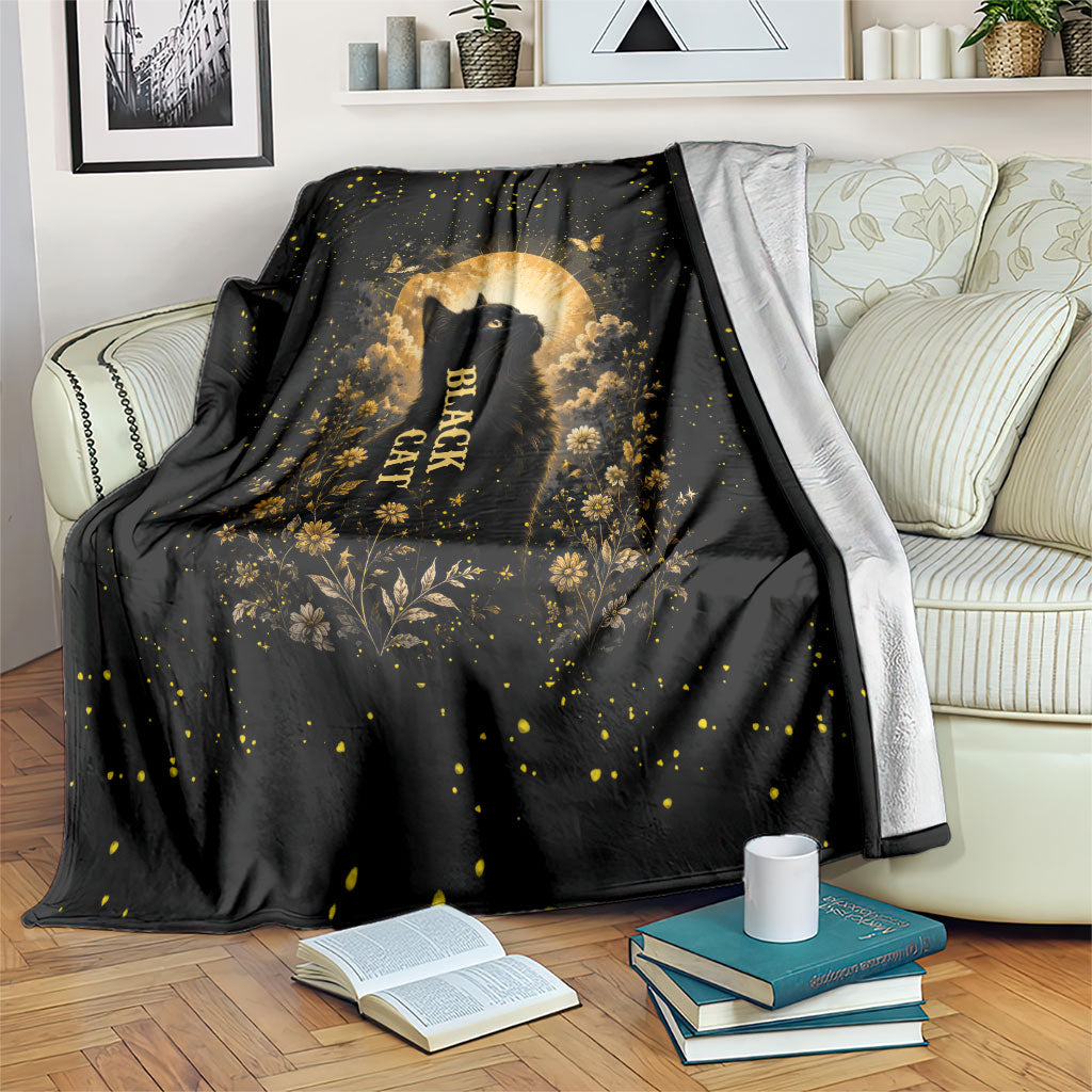 Black Cat Celestial Moon Blanket Mystical Gold Floral Night Sky
