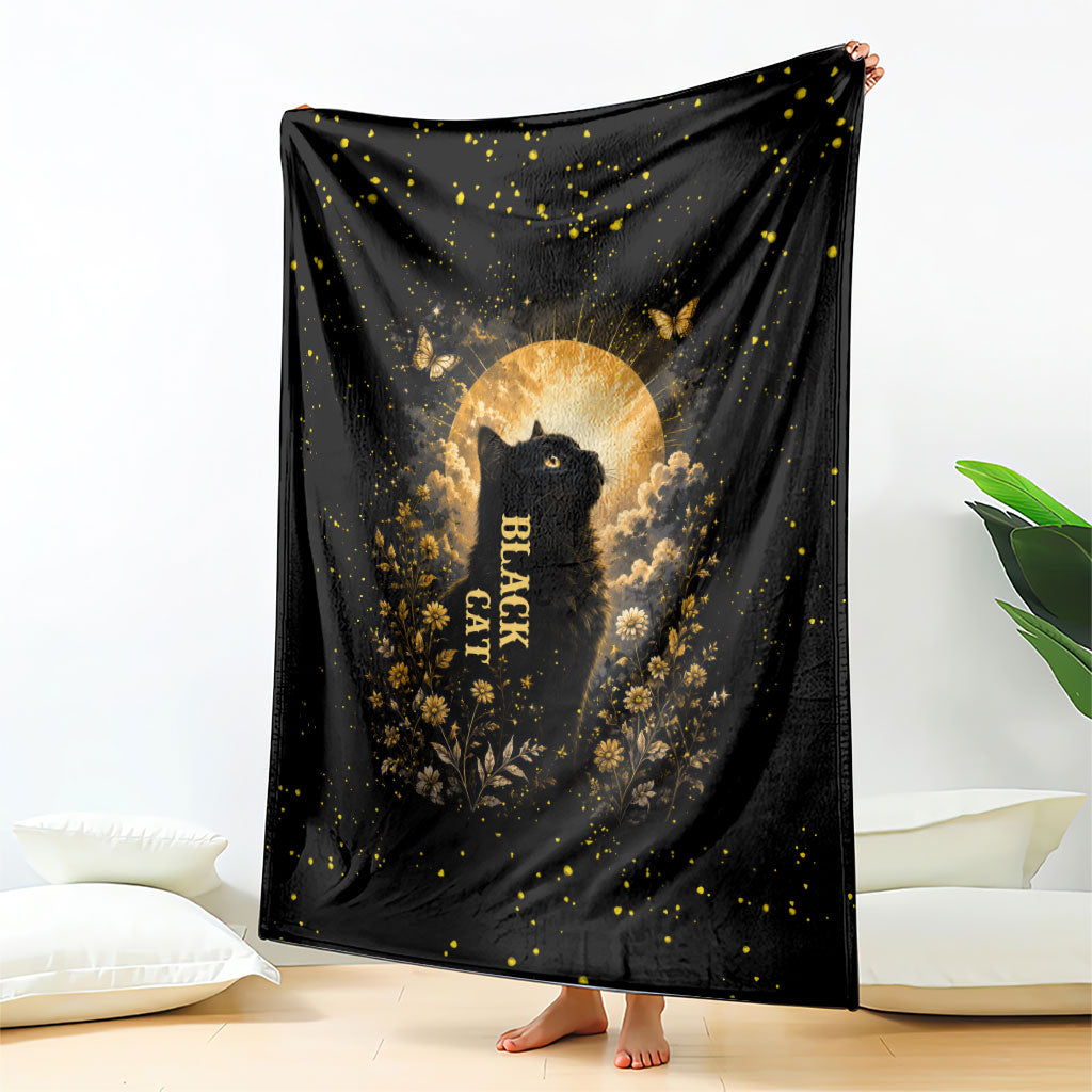 Black Cat Celestial Moon Blanket Mystical Gold Floral Night Sky