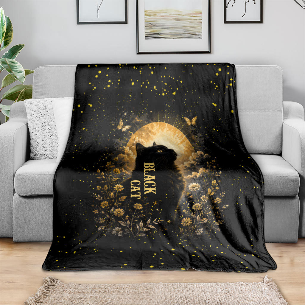 Black Cat Celestial Moon Blanket Mystical Gold Floral Night Sky