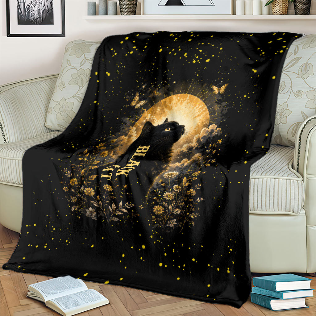 Black Cat Celestial Moon Blanket Mystical Gold Floral Night Sky
