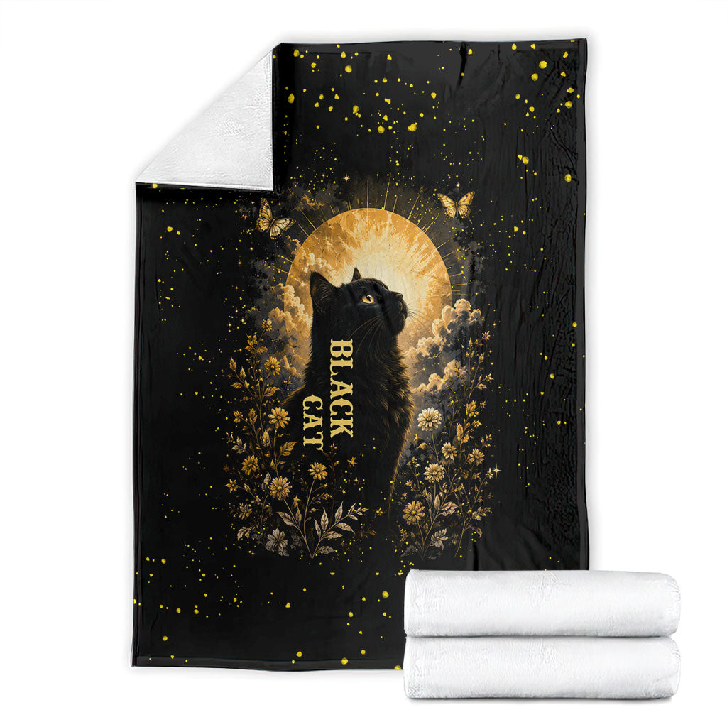 Black Cat Celestial Moon Blanket Mystical Gold Floral Night Sky