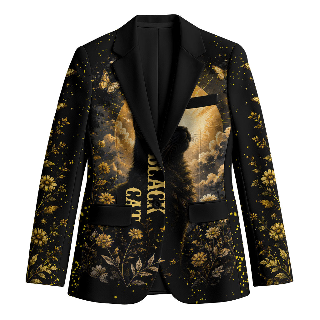 Black Cat Celestial Moon Blazer Mystical Gold Floral Night Sky