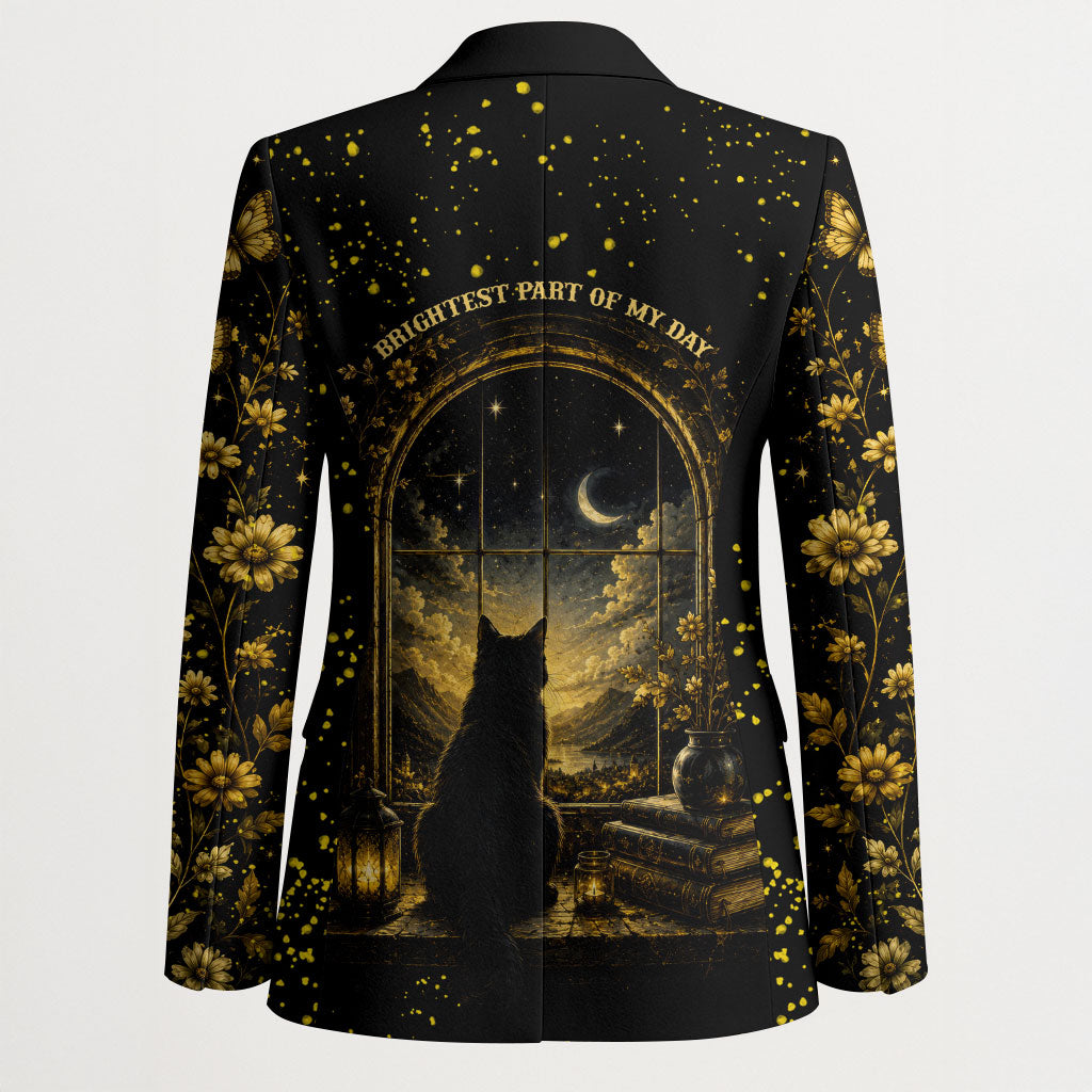 Black Cat Celestial Moon Blazer Mystical Gold Floral Night Sky