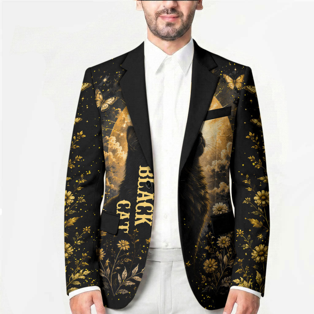 Black Cat Celestial Moon Blazer Mystical Gold Floral Night Sky