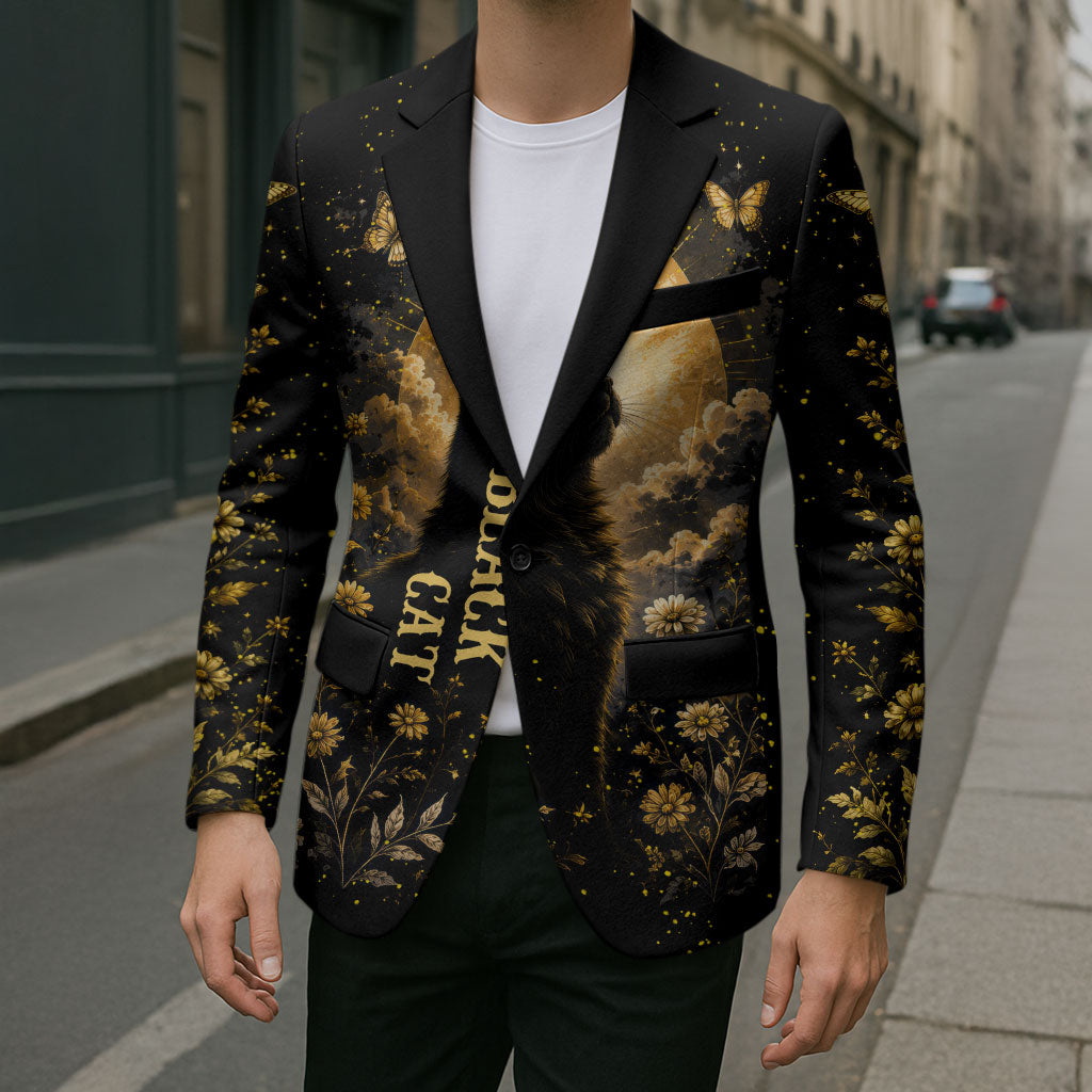 Black Cat Celestial Moon Blazer Mystical Gold Floral Night Sky