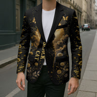 Black Cat Celestial Moon Blazer Mystical Gold Floral Night Sky