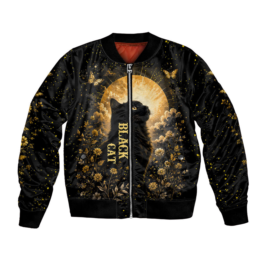 Black Cat Celestial Moon Bomber Jacket Mystical Gold Floral Night Sky