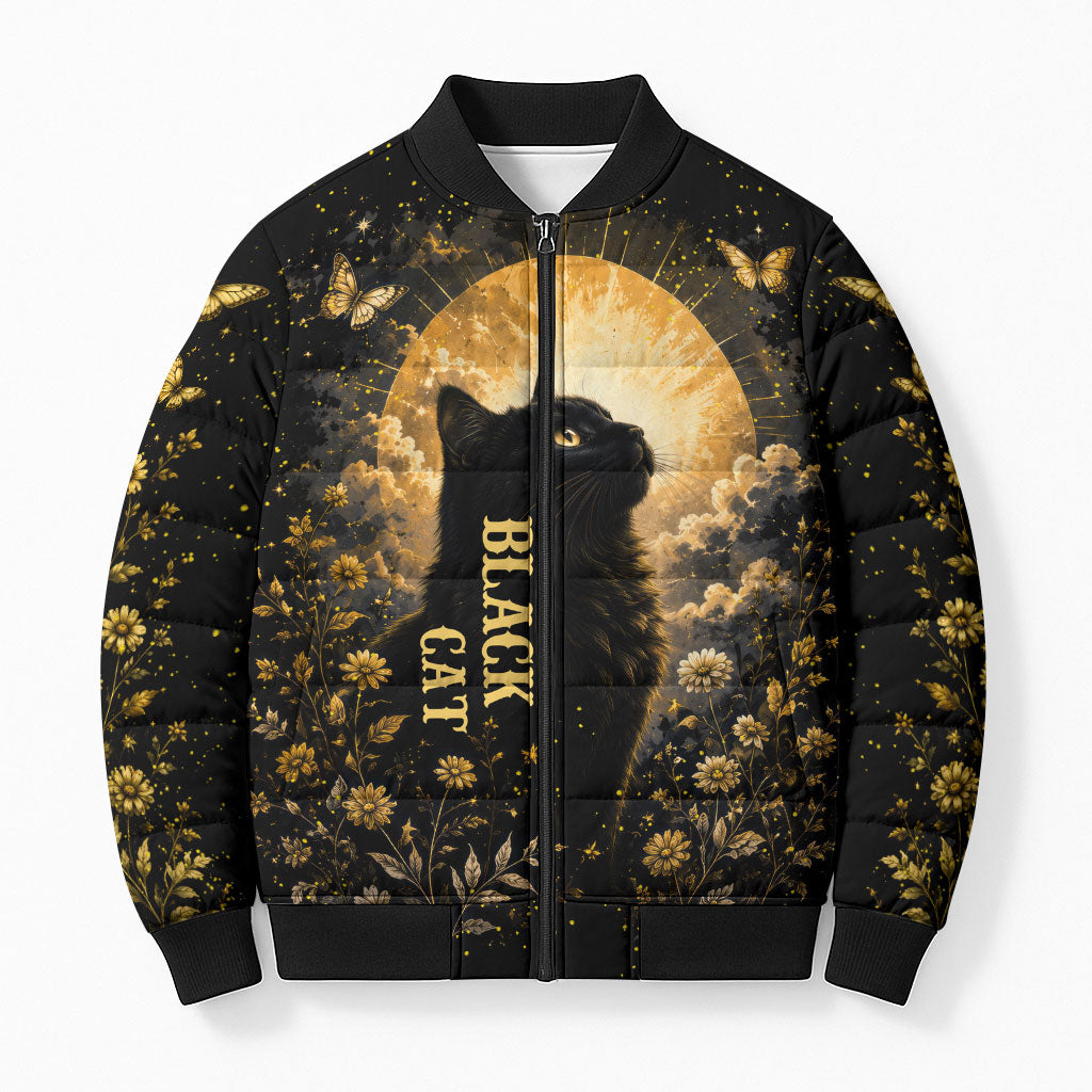 Black Cat Celestial Moon Bomber Puffer Jacket Mystical Gold Floral Night Sky