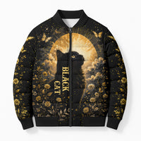 Black Cat Celestial Moon Bomber Puffer Jacket Mystical Gold Floral Night Sky
