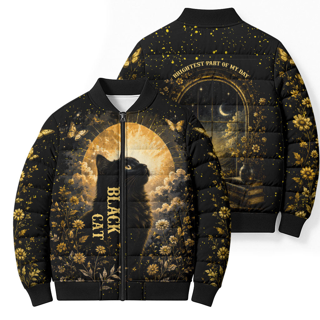 Black Cat Celestial Moon Bomber Puffer Jacket Mystical Gold Floral Night Sky