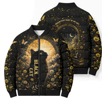 Black Cat Celestial Moon Bomber Puffer Jacket Mystical Gold Floral Night Sky