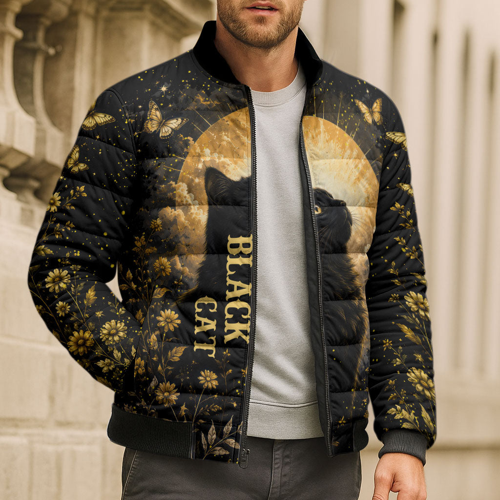 Black Cat Celestial Moon Bomber Puffer Jacket Mystical Gold Floral Night Sky