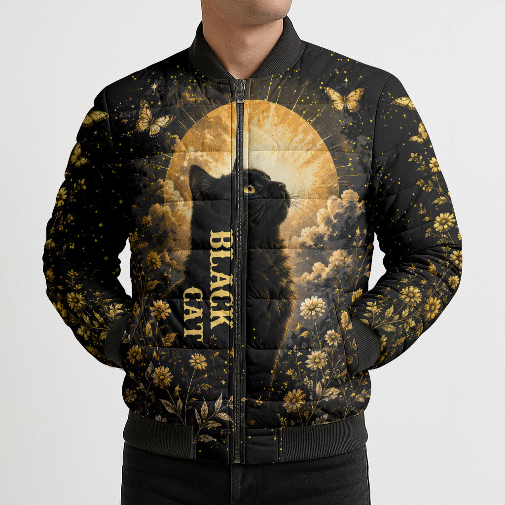 Black Cat Celestial Moon Bomber Puffer Jacket Mystical Gold Floral Night Sky
