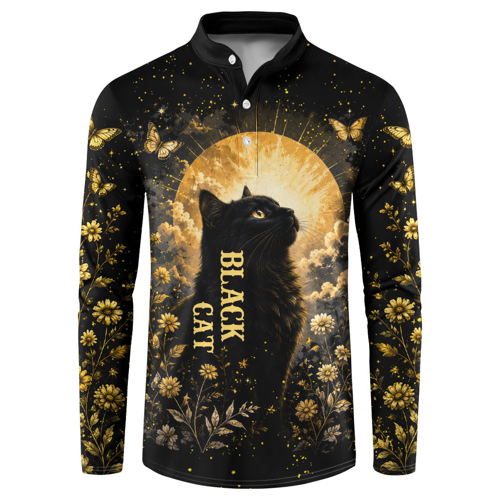 Black Cat Celestial Moon Button Sweatshirt Mystical Gold Floral Night Sky