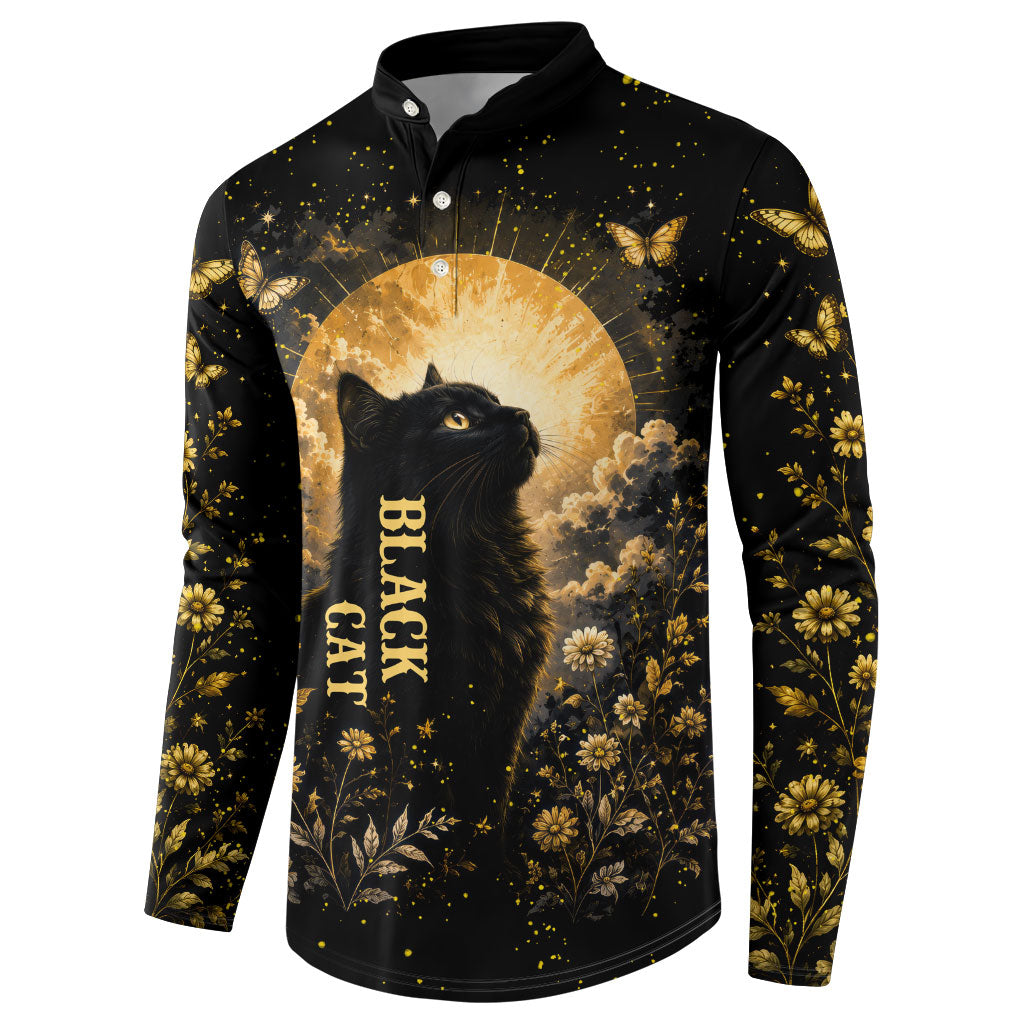 Black Cat Celestial Moon Button Sweatshirt Mystical Gold Floral Night Sky