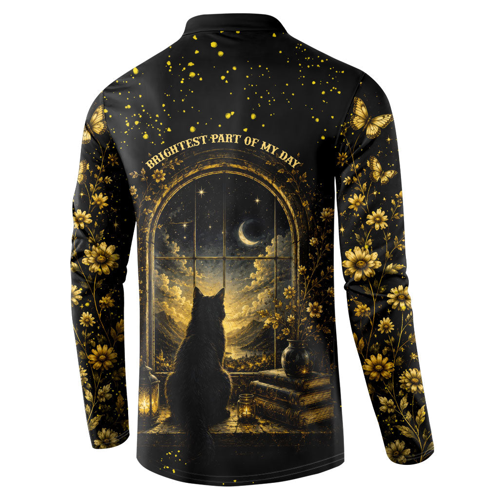 Black Cat Celestial Moon Button Sweatshirt Mystical Gold Floral Night Sky
