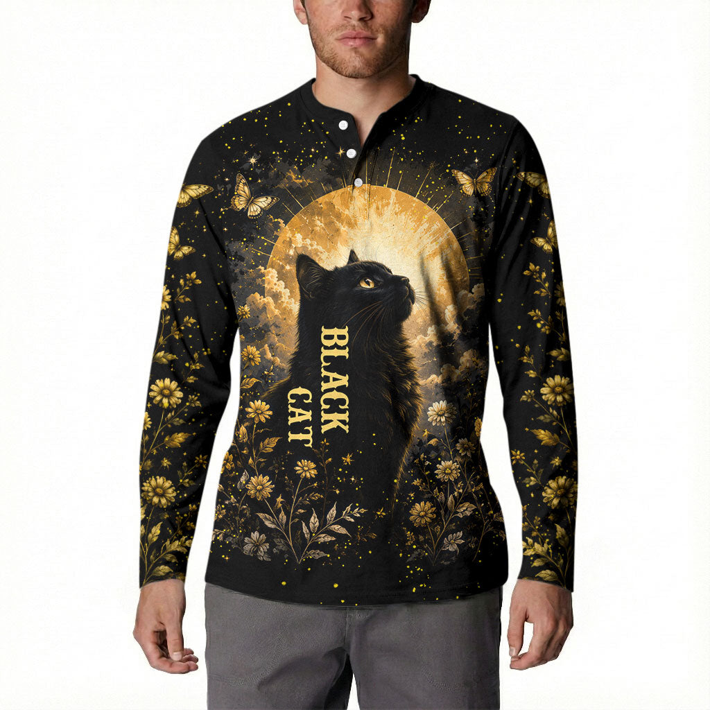 Black Cat Celestial Moon Button Sweatshirt Mystical Gold Floral Night Sky