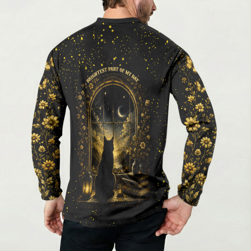 Black Cat Celestial Moon Button Sweatshirt Mystical Gold Floral Night Sky