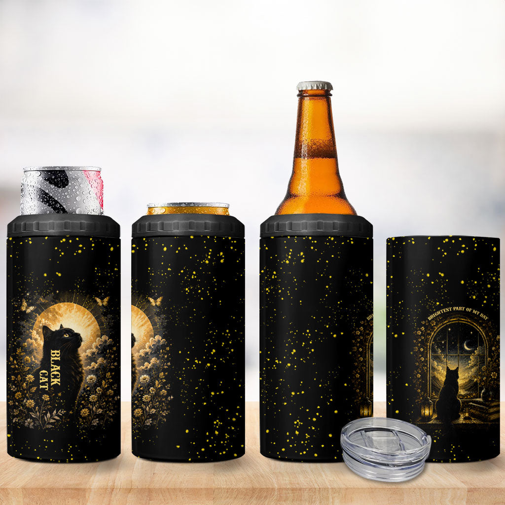 Black Cat Celestial Moon 4 in 1 Can Cooler Tumbler Mystical Gold Floral Night Sky