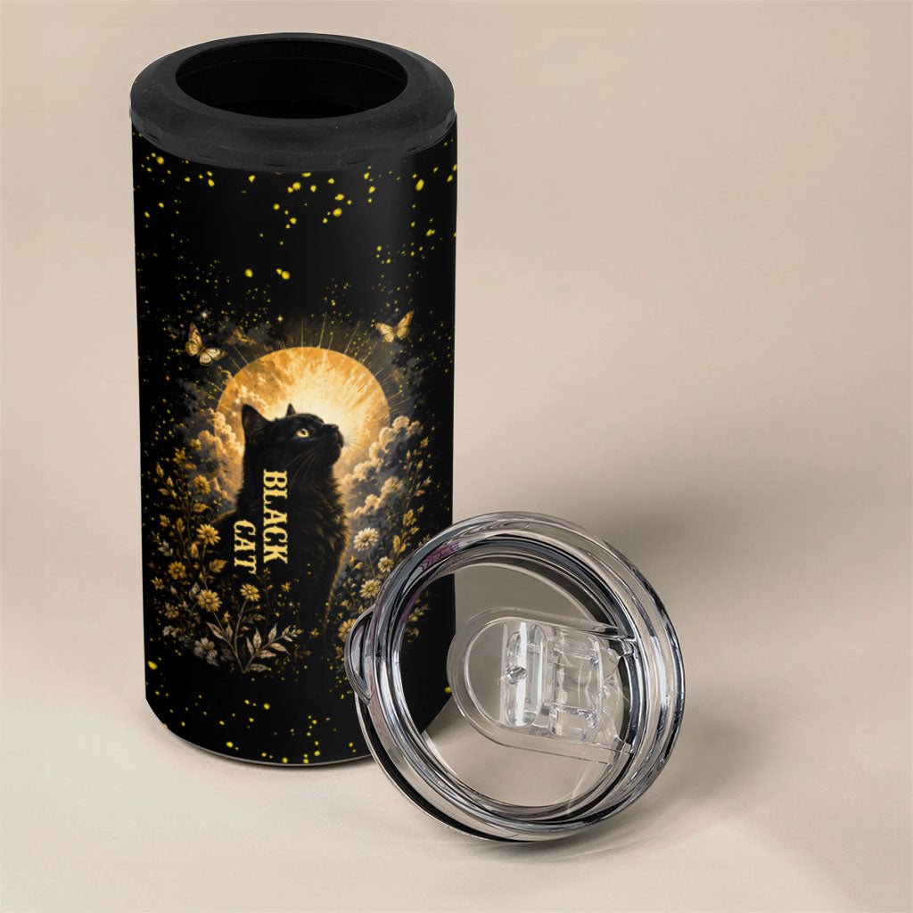 Black Cat Celestial Moon 4 in 1 Can Cooler Tumbler Mystical Gold Floral Night Sky