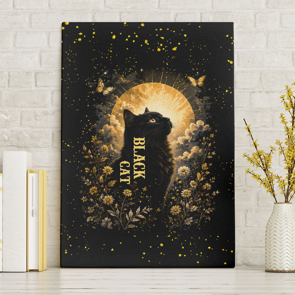 Black Cat Celestial Moon Canvas Wall Art Mystical Gold Floral Night Sky