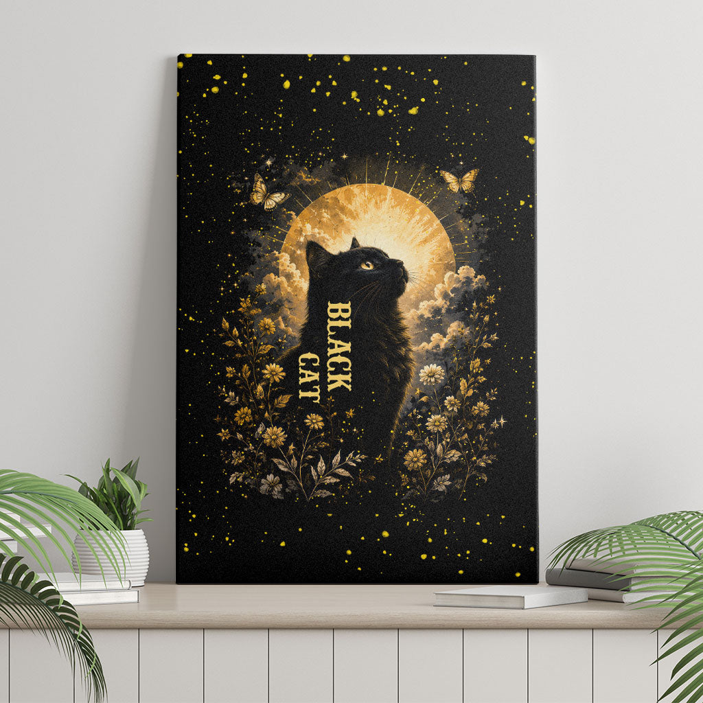Black Cat Celestial Moon Canvas Wall Art Mystical Gold Floral Night Sky
