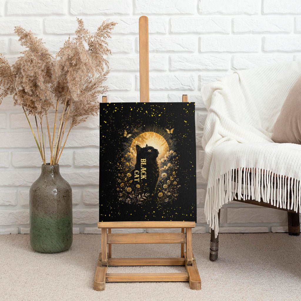 Black Cat Celestial Moon Canvas Wall Art Mystical Gold Floral Night Sky