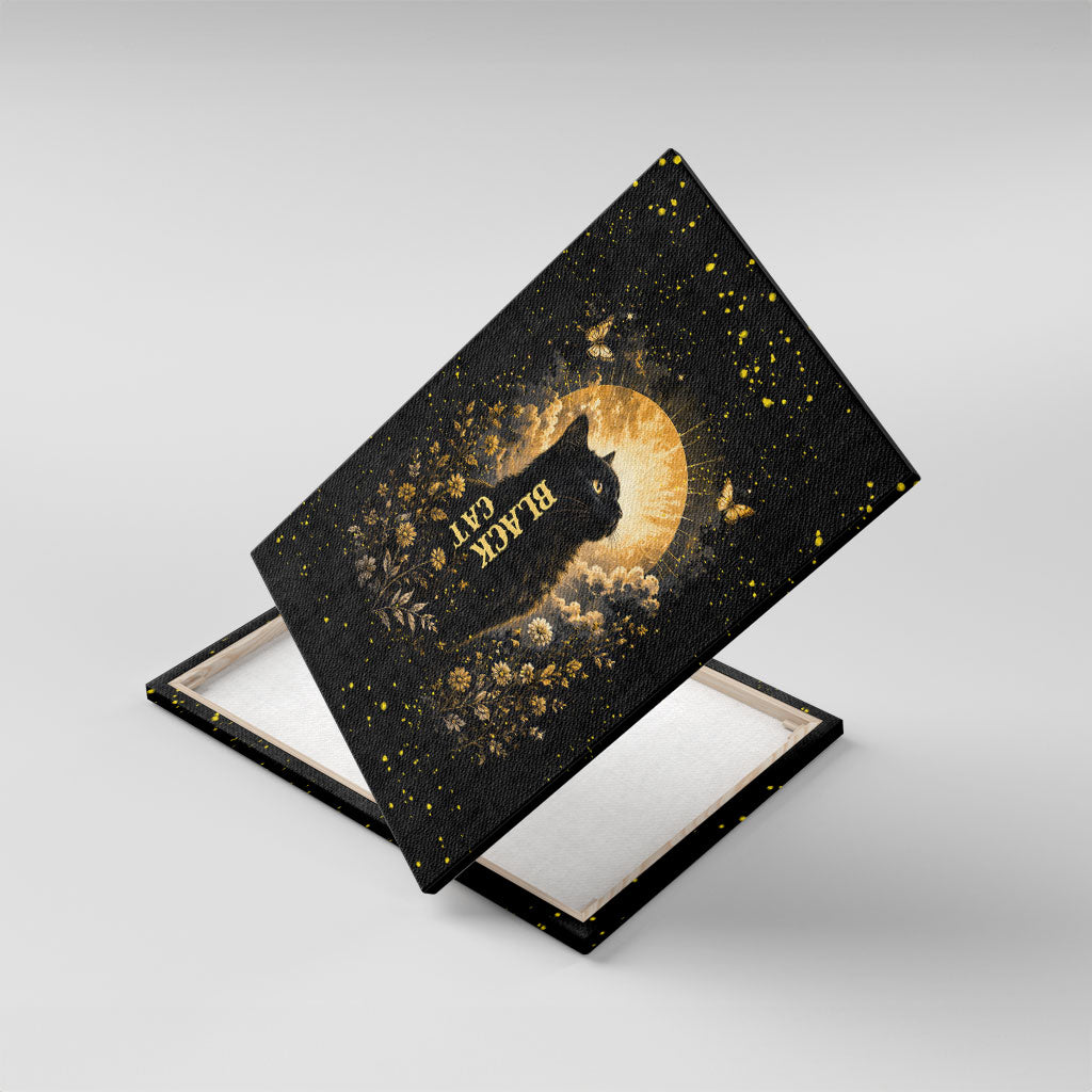 Black Cat Celestial Moon Canvas Wall Art Mystical Gold Floral Night Sky