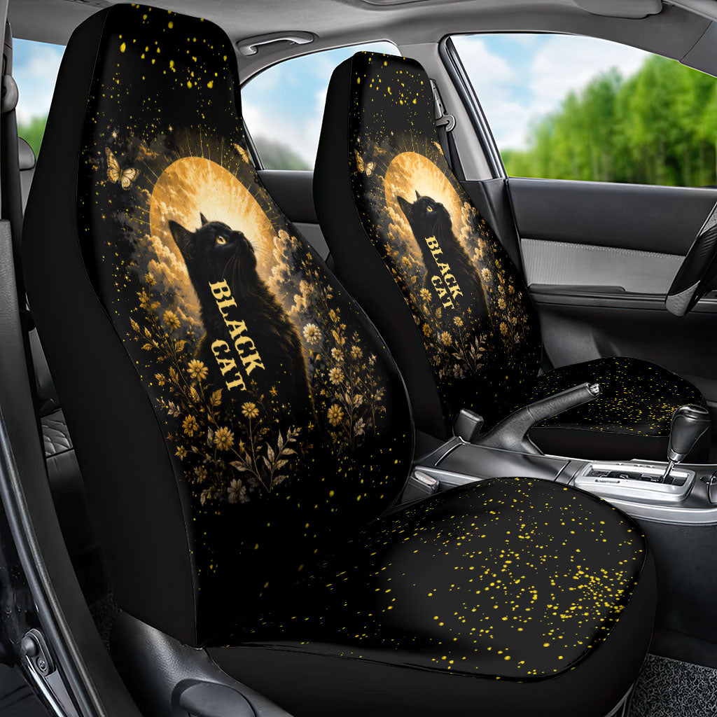 Black Cat Celestial Moon Car Seat Cover Mystical Gold Floral Night Sky