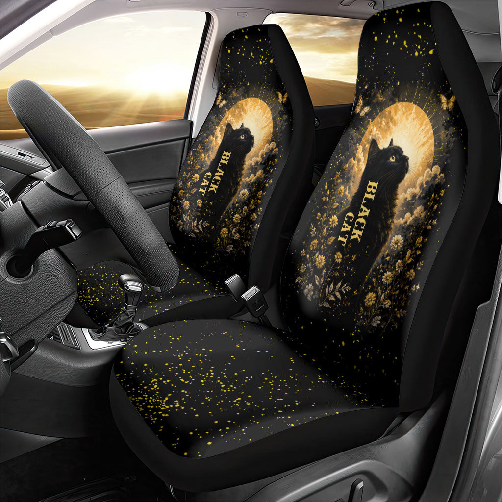 Black Cat Celestial Moon Car Seat Cover Mystical Gold Floral Night Sky