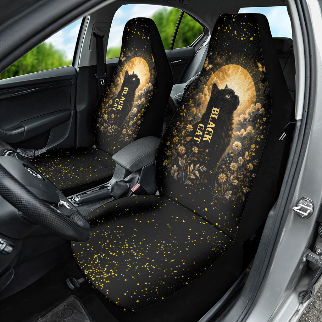 Black Cat Celestial Moon Car Seat Cover Mystical Gold Floral Night Sky