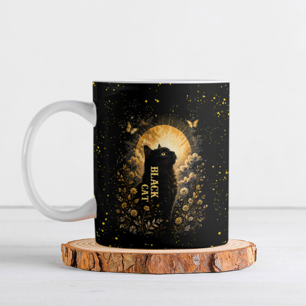 Black Cat Celestial Moon Ceramic Mug Mystical Gold Floral Night Sky