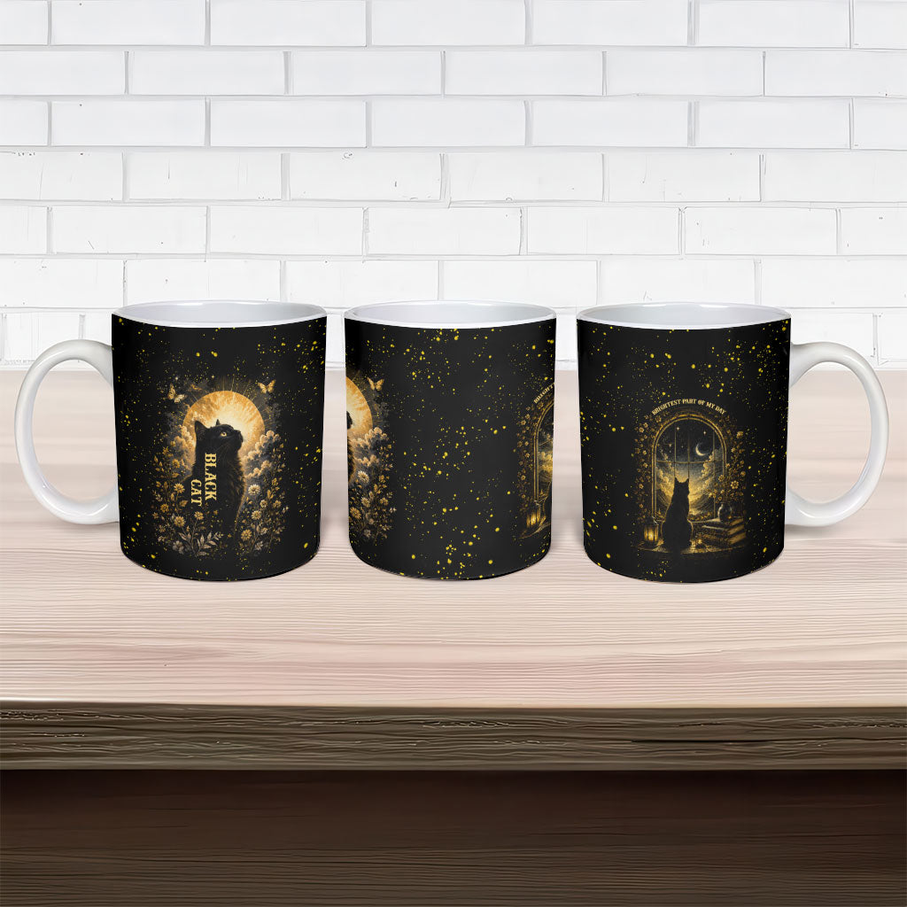 Black Cat Celestial Moon Ceramic Mug Mystical Gold Floral Night Sky