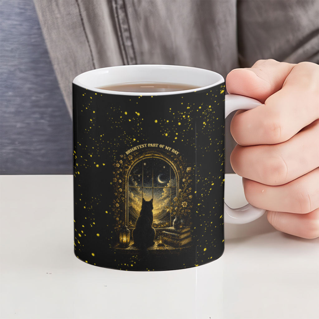 Black Cat Celestial Moon Ceramic Mug Mystical Gold Floral Night Sky