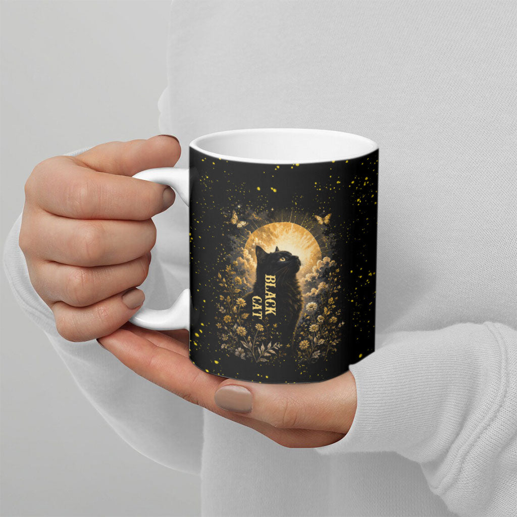Black Cat Celestial Moon Ceramic Mug Mystical Gold Floral Night Sky