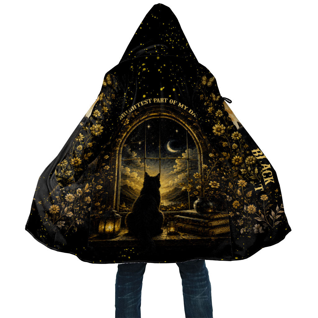 Black Cat Celestial Moon Cloak Mystical Gold Floral Night Sky