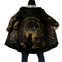 Black Cat Celestial Moon Cloak Mystical Gold Floral Night Sky