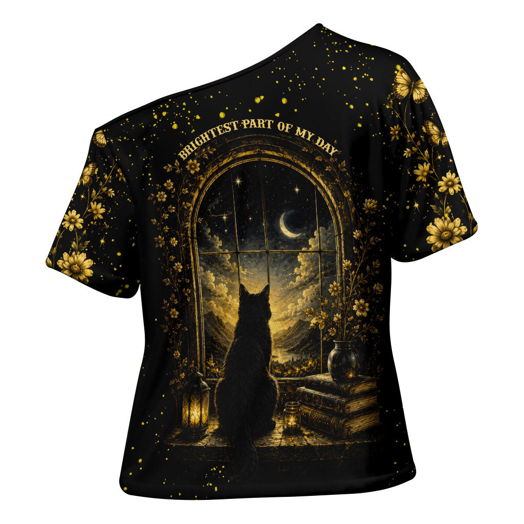 Black Cat Celestial Moon Cross Shoulder Shirt Mystical Gold Floral Night Sky