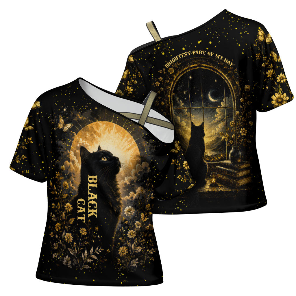 Black Cat Celestial Moon Cross Shoulder Shirt Mystical Gold Floral Night Sky