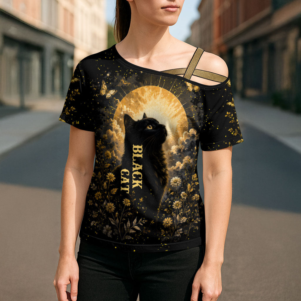Black Cat Celestial Moon Cross Shoulder Shirt Mystical Gold Floral Night Sky