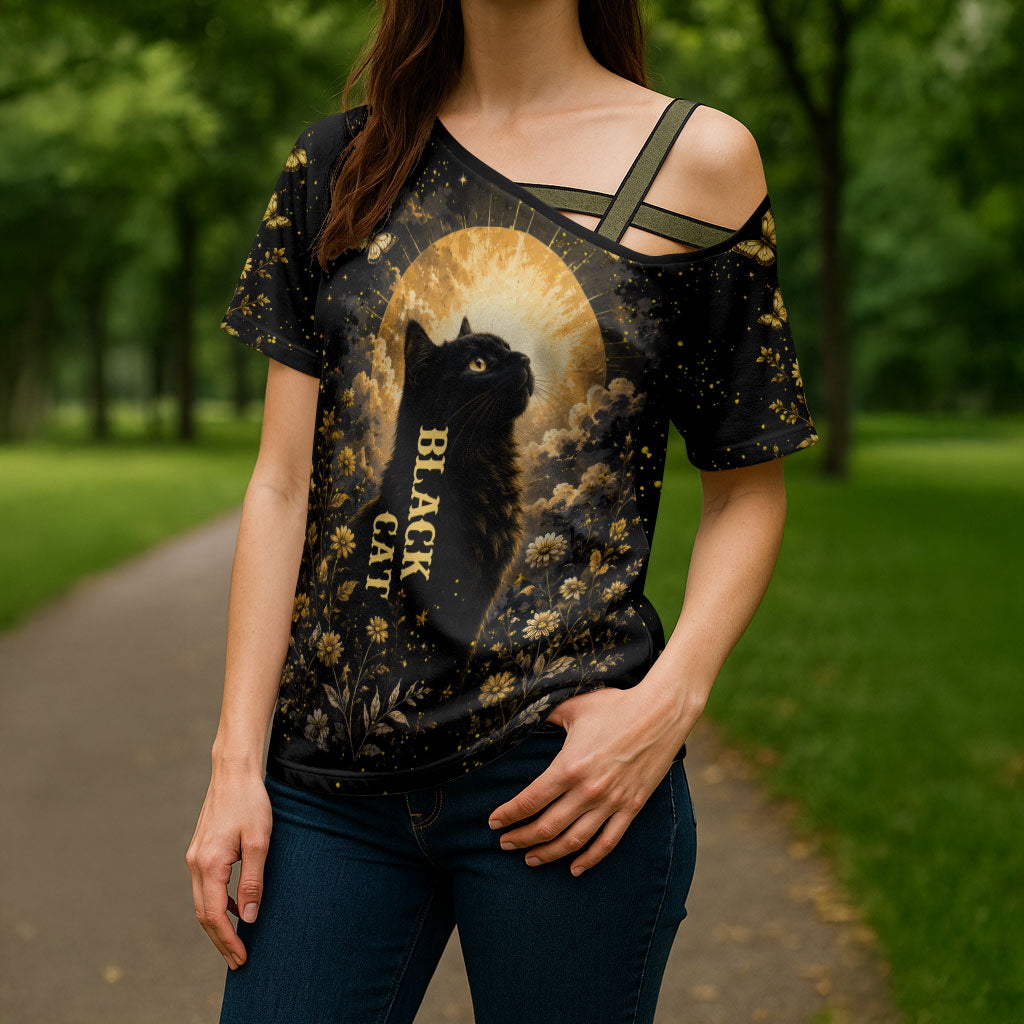Black Cat Celestial Moon Cross Shoulder Shirt Mystical Gold Floral Night Sky