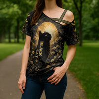 Black Cat Celestial Moon Cross Shoulder Shirt Mystical Gold Floral Night Sky