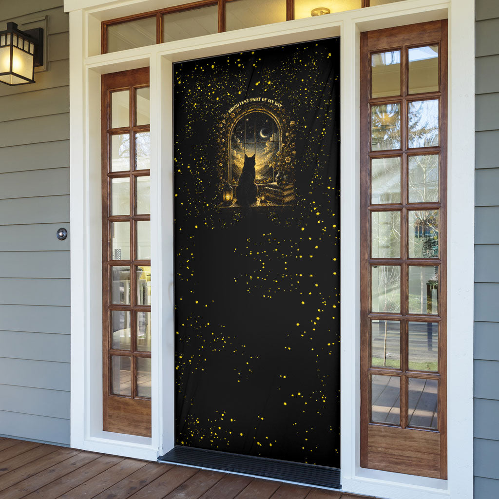 Black Cat Celestial Moon Door Cover Mystical Gold Floral Night Sky