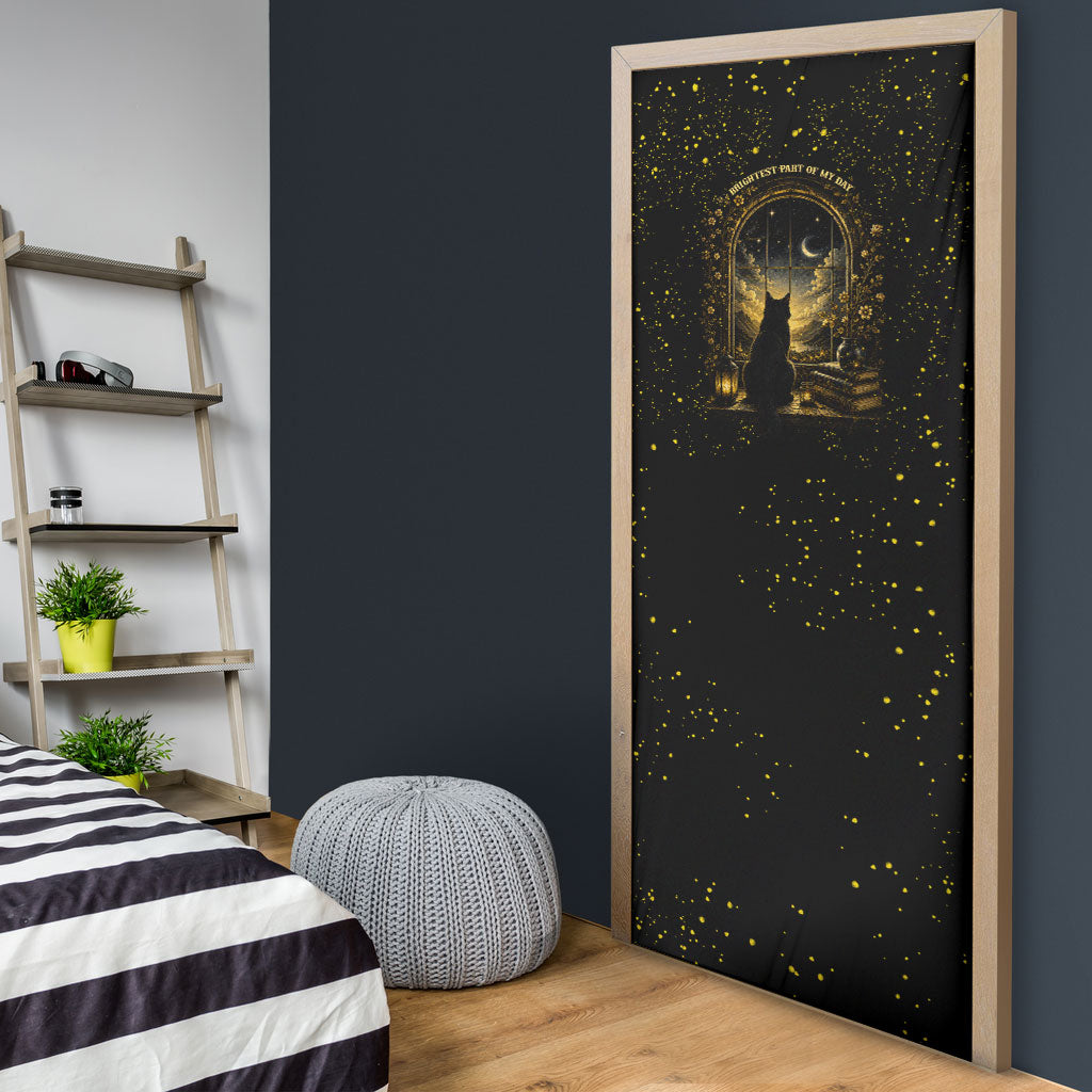 Black Cat Celestial Moon Door Cover Mystical Gold Floral Night Sky