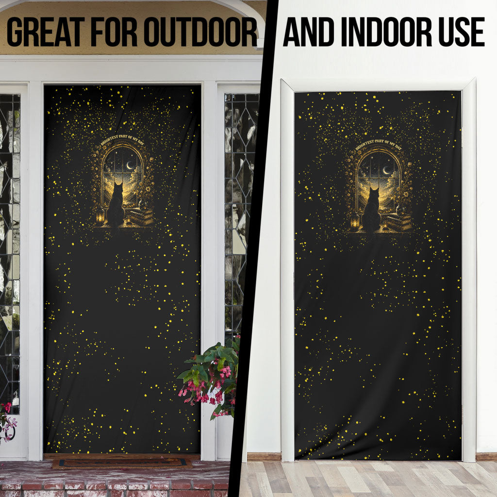Black Cat Celestial Moon Door Cover Mystical Gold Floral Night Sky