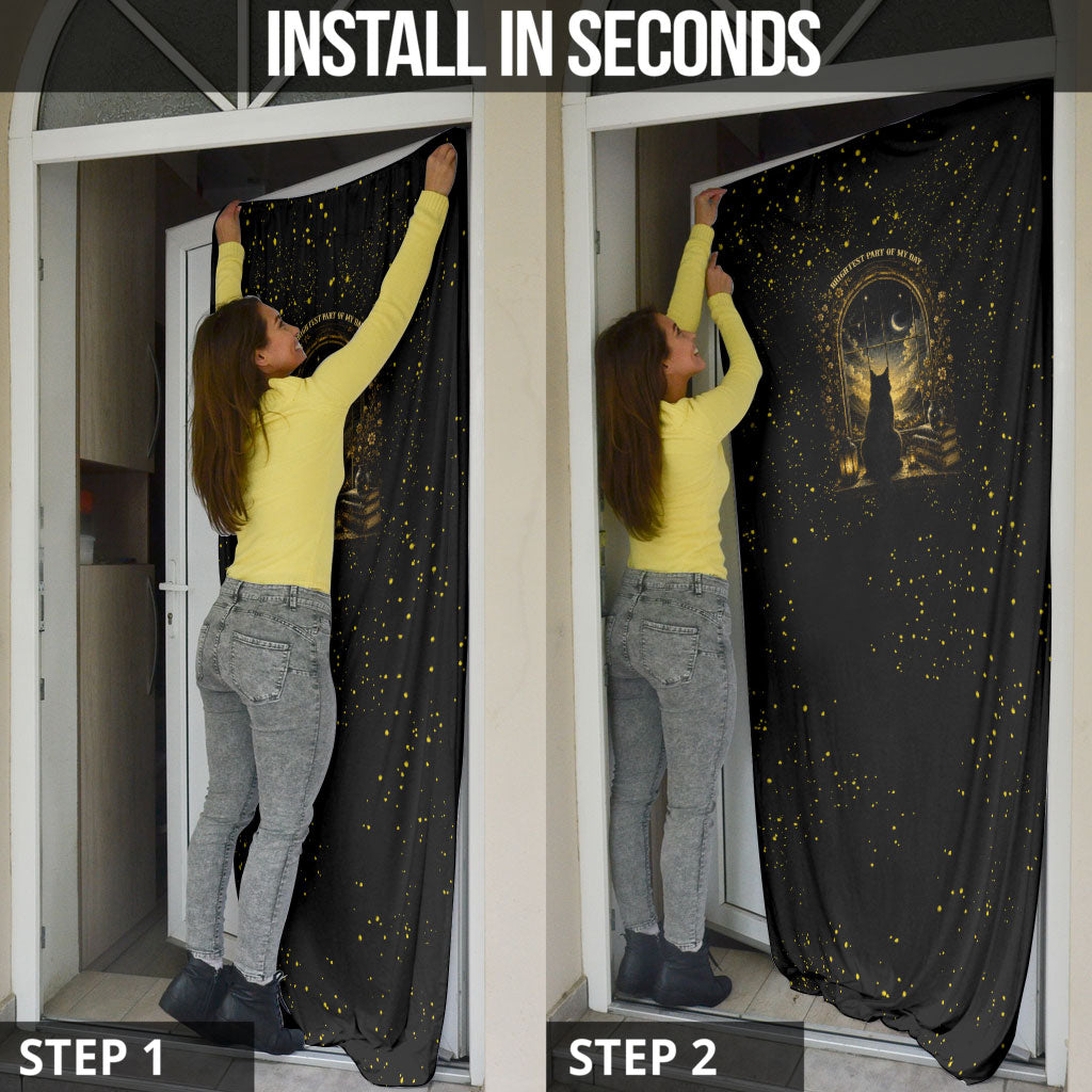 Black Cat Celestial Moon Door Cover Mystical Gold Floral Night Sky