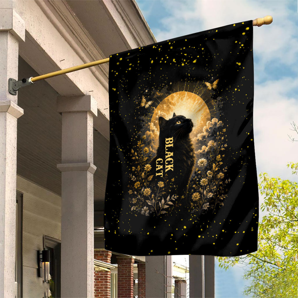 Black Cat Celestial Moon Garden Flag Mystical Gold Floral Night Sky